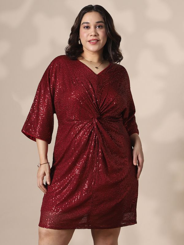 Globus Gloplus Women Maroon V-Neck Extended Sleeves Twisted Detail Sequinned Mini Sheath Plus size Party Dress