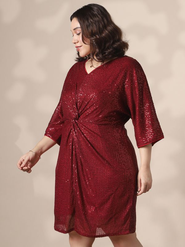 Globus Gloplus Women Maroon V-Neck Extended Sleeves Twisted Detail Sequinned Mini Sheath Plus size Party Dress
