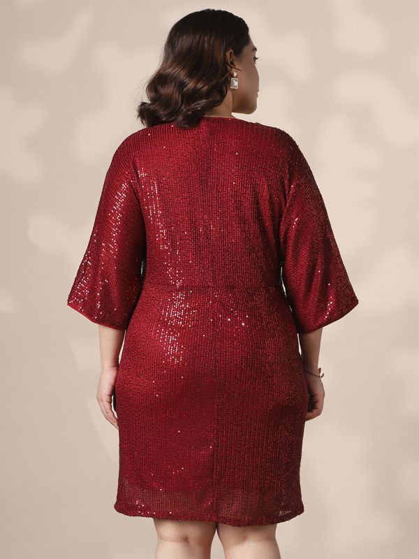 Globus Gloplus Women Maroon V-Neck Extended Sleeves Twisted Detail Sequinned Mini Sheath Plus size Party Dress