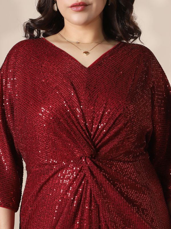 Globus Gloplus Women Maroon V-Neck Extended Sleeves Twisted Detail Sequinned Mini Sheath Plus size Party Dress