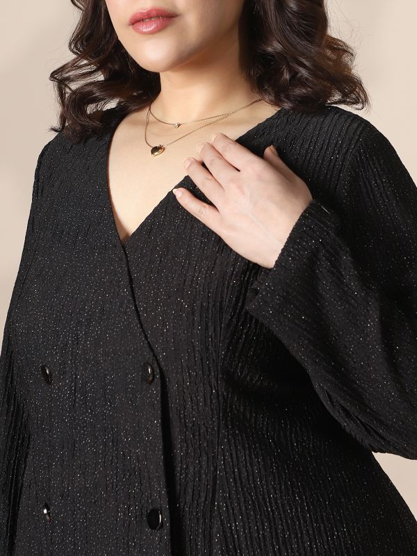 Globus Gloplus Black Self Design Wrap V-Neck Double Breasted Shimmer A-Line Plus Size Mini Dress