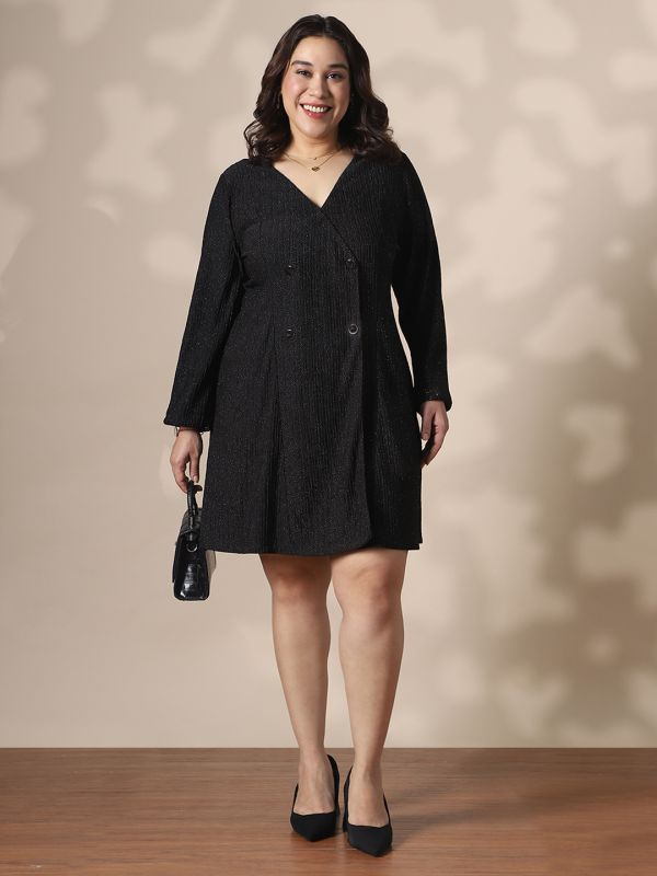 Globus Gloplus Black Self Design Wrap V-Neck Double Breasted Shimmer A-Line Plus Size Mini Dress