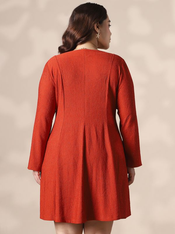Globus Gloplus Maroon Self Design Wrap V-Neck Double Breasted Shimmer A-Line Plus Size Mini Dress