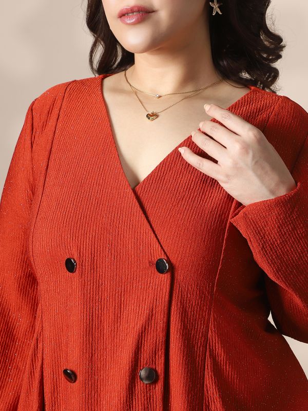Globus Gloplus Maroon Self Design Wrap V-Neck Double Breasted Shimmer A-Line Plus Size Mini Dress