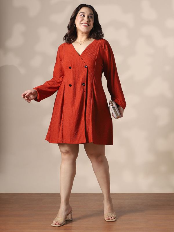 Globus Gloplus Maroon Self Design Wrap V-Neck Double Breasted Shimmer A-Line Plus Size Mini Dress