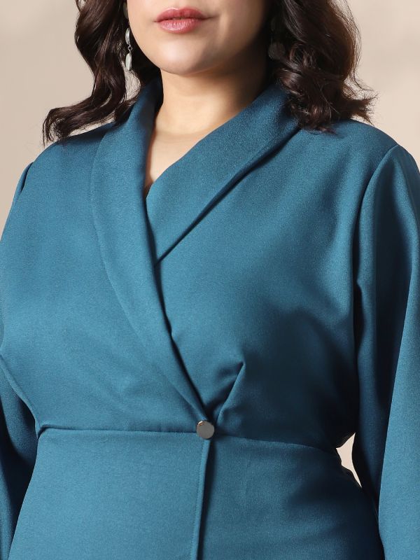 Globus Gloplus Women Blue Shawl Lapel Plus Size Mini Workwear Blazer Dress