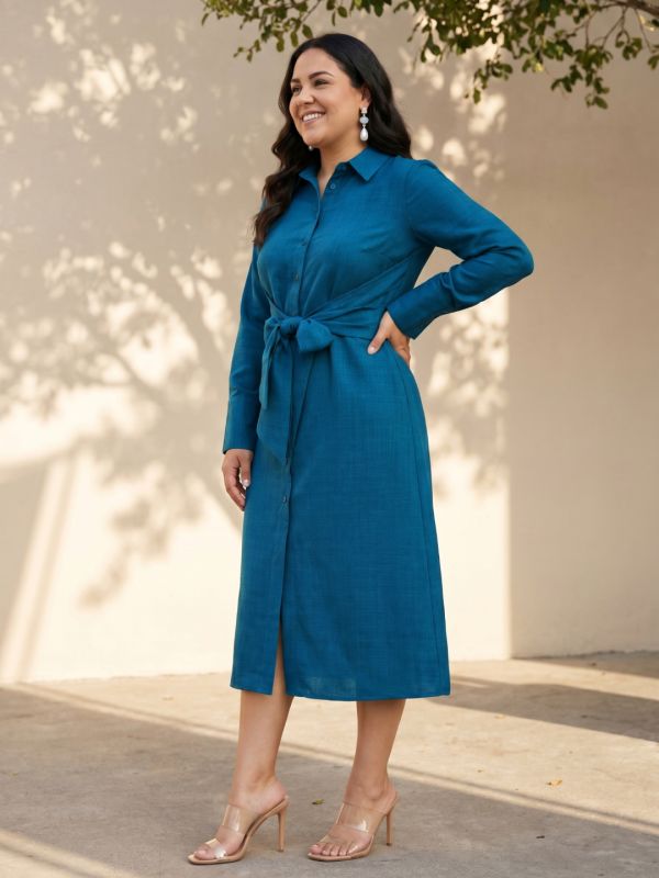Globus Gloplus Women Teal Collared Neck Cuffed Sleeve Front Tie-Up Geometric Textured Polyester Fit and Flare Midi Plus Size Dress
