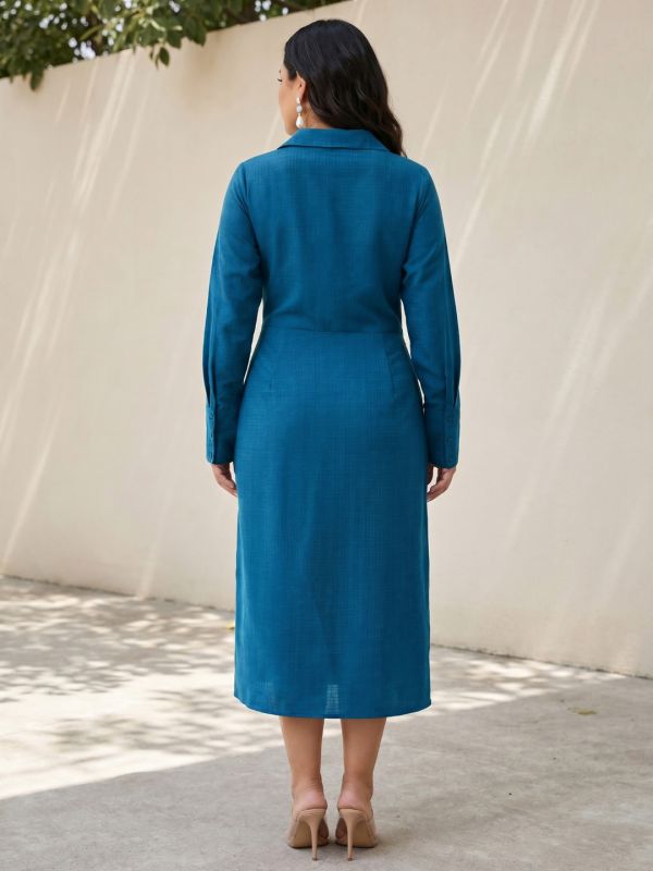 Globus Gloplus Women Teal Collared Neck Cuffed Sleeve Front Tie-Up Geometric Textured Polyester Fit and Flare Midi Plus Size Dress