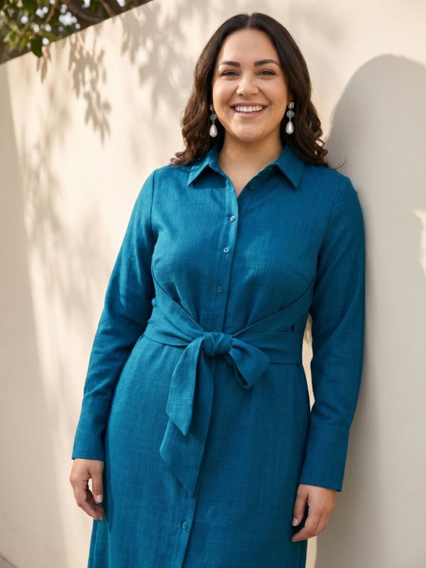 Globus Gloplus Women Teal Collared Neck Cuffed Sleeve Front Tie-Up Geometric Textured Polyester Fit and Flare Midi Plus Size Dress