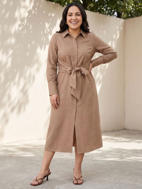Globus Gloplus Women Brown Collared Neck Cuffed Sleeve Front Tie-Up Geometric Textured Polyester Fit and Flare Midi Plus Size Dress