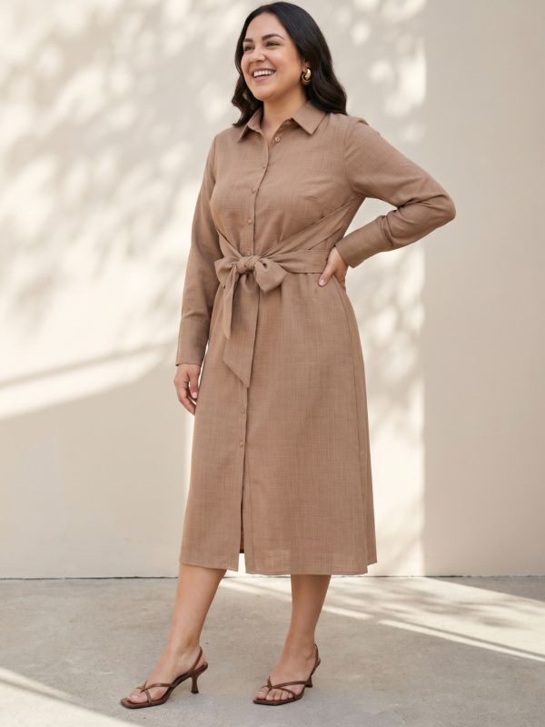 Globus Gloplus Women Brown Collared Neck Cuffed Sleeve Front Tie-Up Geometric Textured Polyester Fit and Flare Midi Plus Size Dress