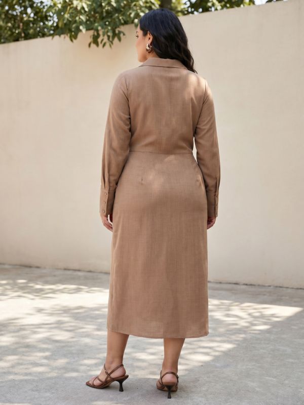 Globus Gloplus Women Brown Collared Neck Cuffed Sleeve Front Tie-Up Geometric Textured Polyester Fit and Flare Midi Plus Size Dress