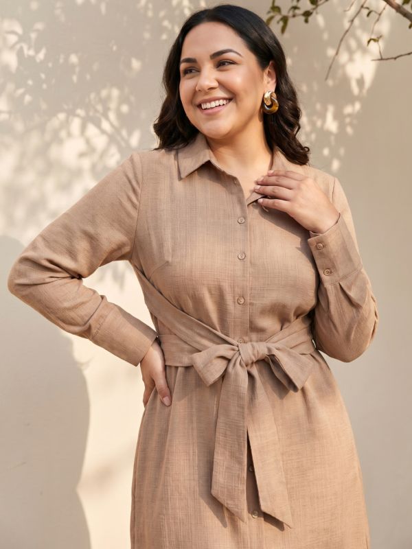 Globus Gloplus Women Brown Collared Neck Cuffed Sleeve Front Tie-Up Geometric Textured Polyester Fit and Flare Midi Plus Size Dress