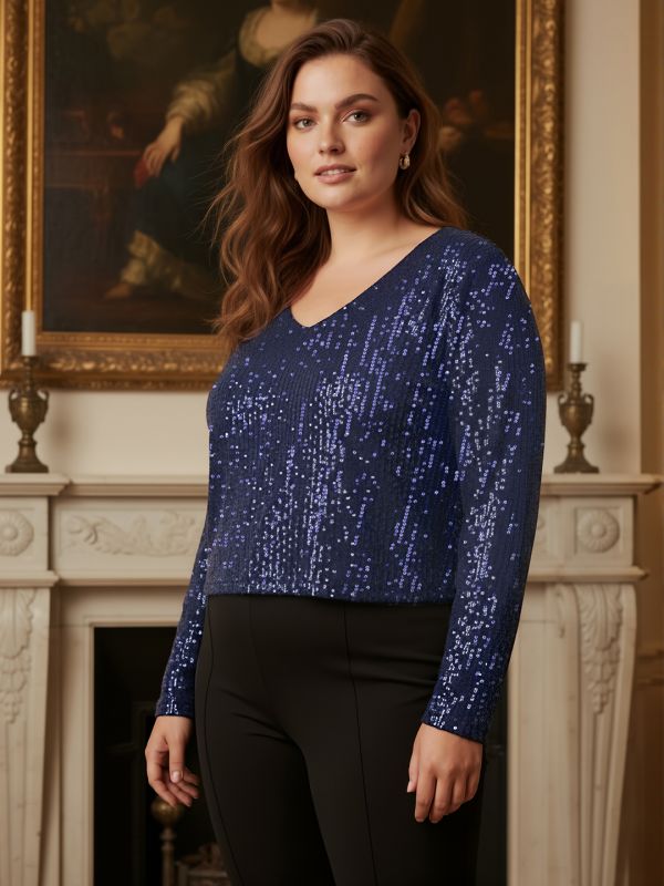 Globus Gloplus Women Navy Blue V-Neck Long Sleeves Sequinned Plus Size Party Top