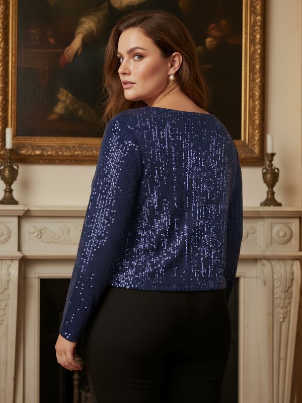 Globus Gloplus Women Navy Blue V-Neck Long Sleeves Sequinned Plus Size Party Top