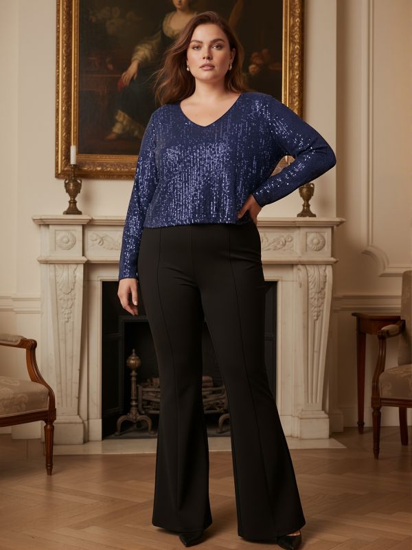 Globus Gloplus Women Navy Blue V-Neck Long Sleeves Sequinned Plus Size Party Top