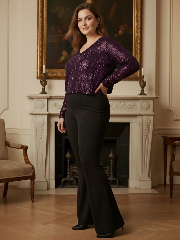 Globus Gloplus Women Purple V-Neck Long Sleeves Sequinned Plus Size Party Top