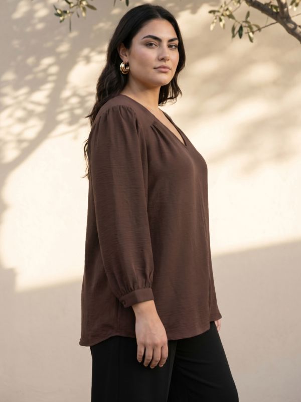 Globus Gloplus Women Brown Self Design V-Neck Gathered Detail Plus Size Workwear Top