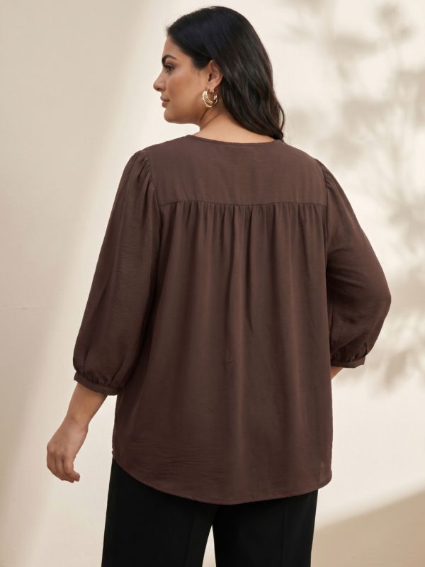 Globus Gloplus Women Brown Self Design V-Neck Gathered Detail Plus Size Workwear Top