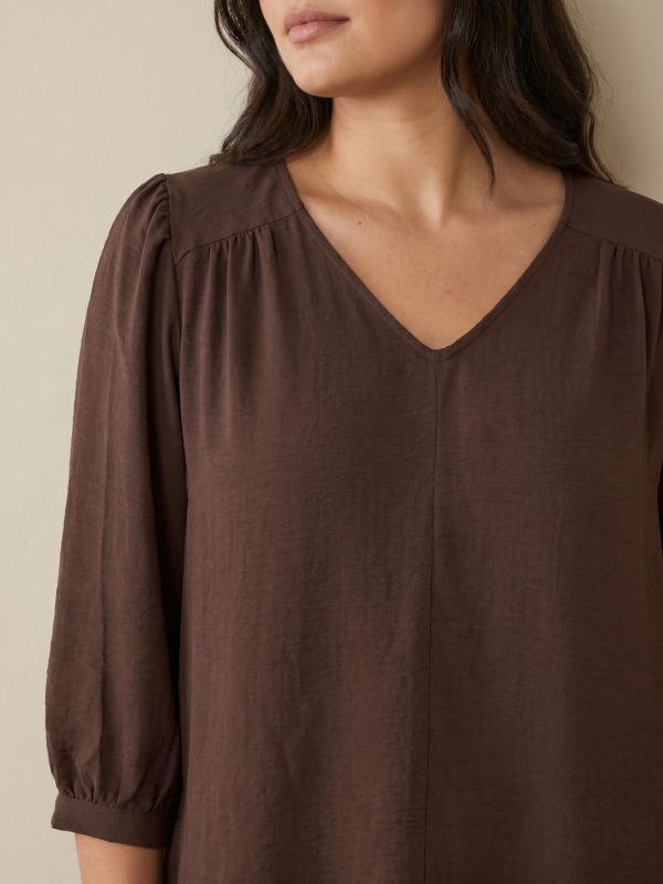 Globus Gloplus Women Brown Self Design V-Neck Gathered Detail Plus Size Workwear Top