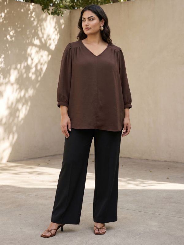 Globus Gloplus Women Brown Self Design V-Neck Gathered Detail Plus Size Workwear Top