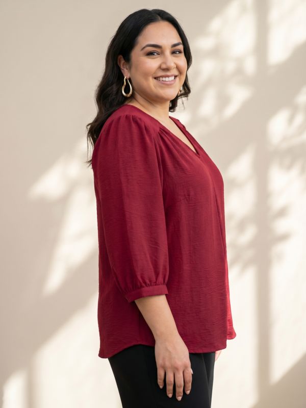 Globus Gloplus Women Maroon Self Design V-Neck Gathered Detail Plus Size Workwear Top