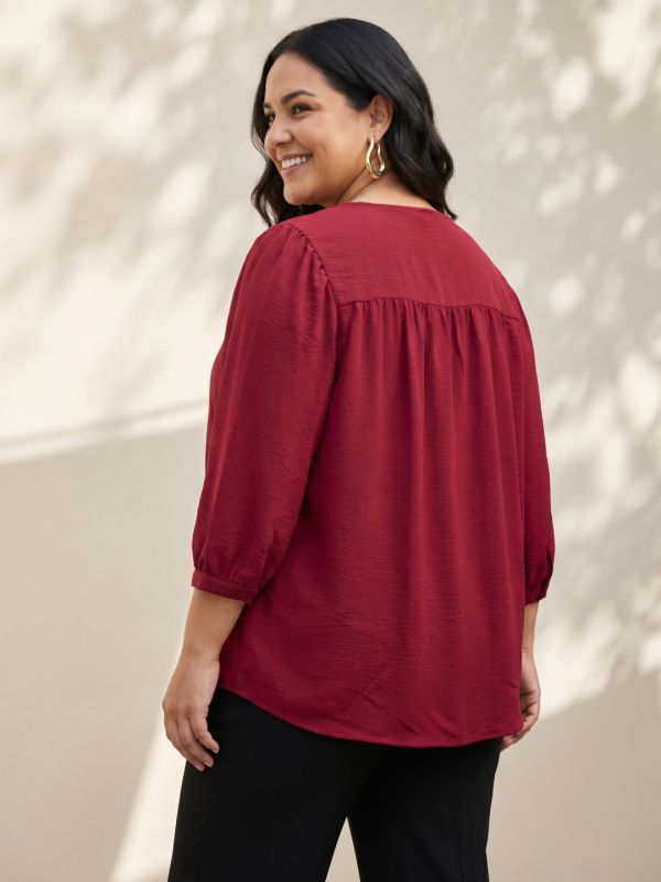 Globus Gloplus Women Maroon Self Design V-Neck Gathered Detail Plus Size Workwear Top