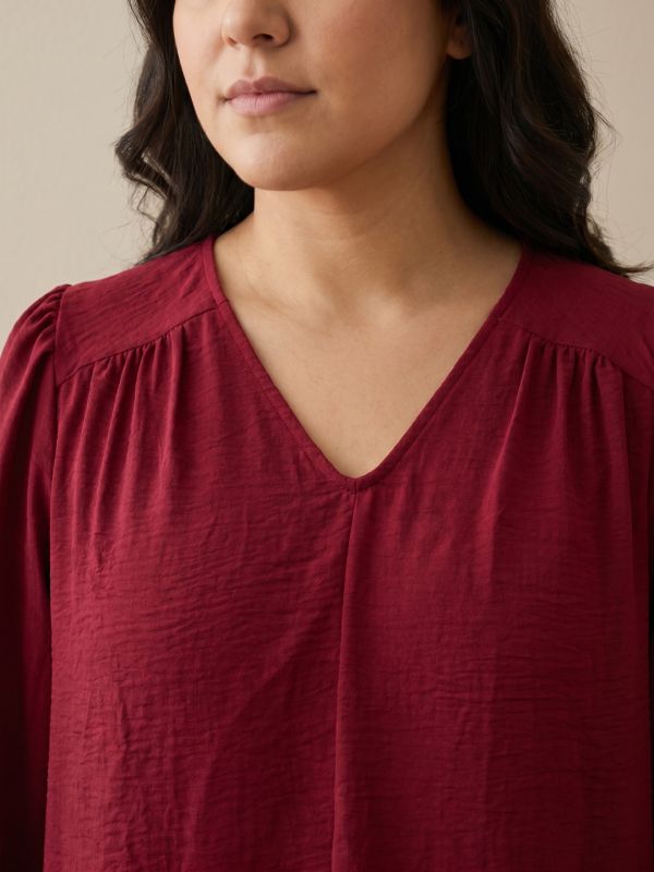 Globus Gloplus Women Maroon Self Design V-Neck Gathered Detail Plus Size Workwear Top