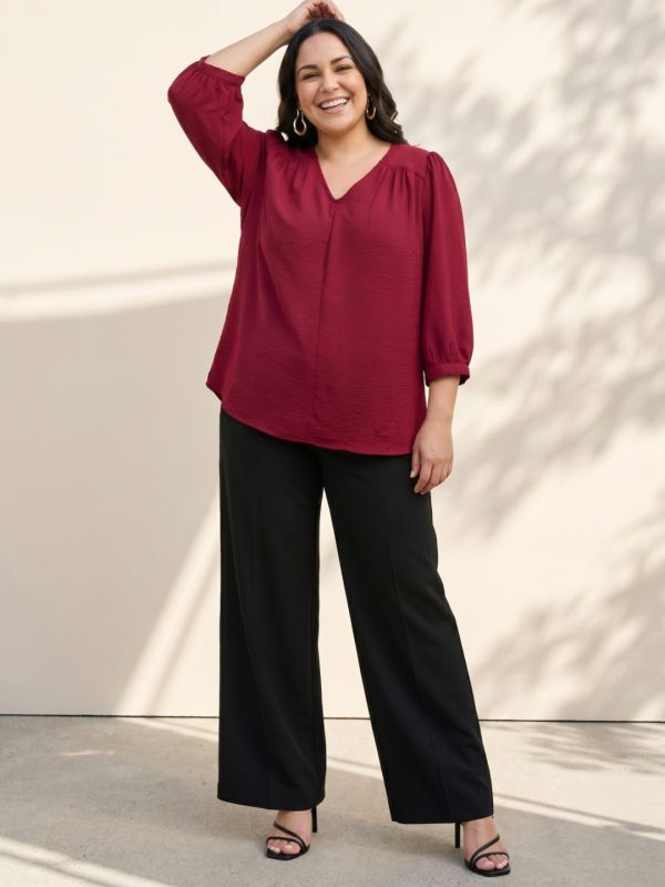 Globus Gloplus Women Maroon Self Design V-Neck Gathered Detail Plus Size Workwear Top