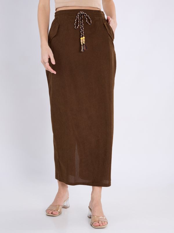 Globus Women Brown Self Design Mid-Rise Tassel Drawstring Waist Back Slit Midi Straight Skirt