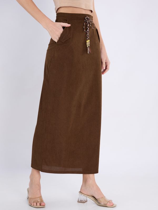 Globus Women Brown Self Design Mid-Rise Tassel Drawstring Waist Back Slit Midi Straight Skirt