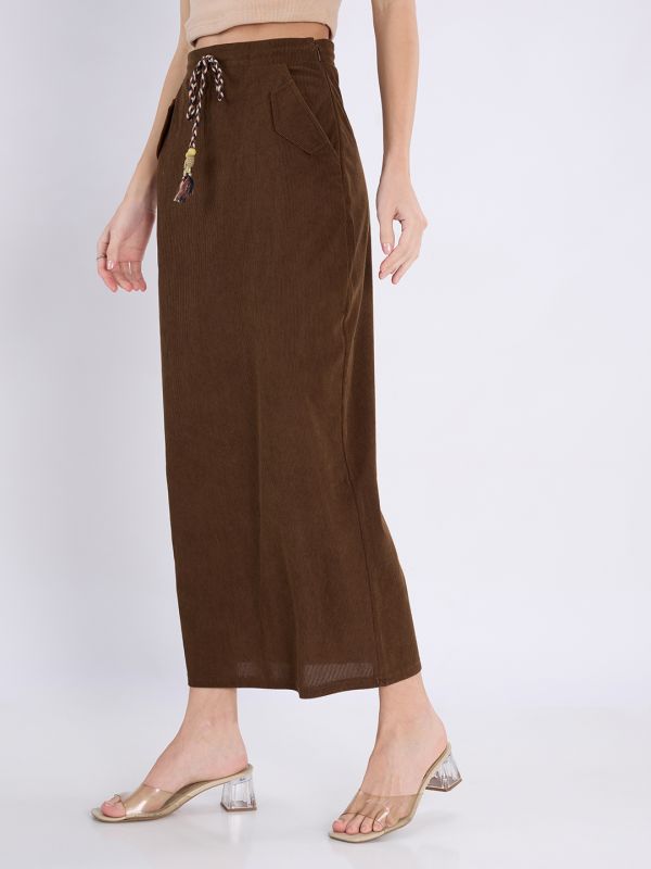 Globus Women Brown Self Design Mid-Rise Tassel Drawstring Waist Back Slit Midi Straight Skirt