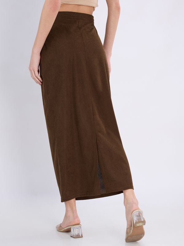 Globus Women Brown Self Design Mid-Rise Tassel Drawstring Waist Back Slit Midi Straight Skirt
