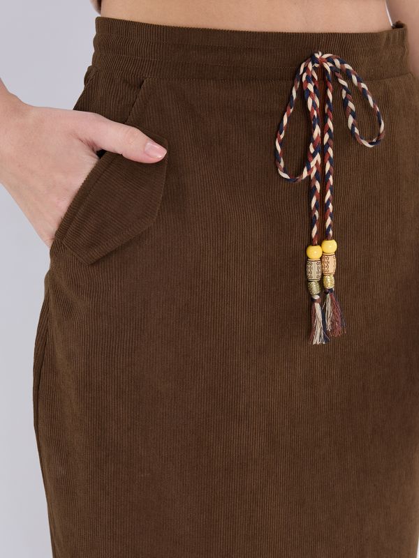 Globus Women Brown Self Design Mid-Rise Tassel Drawstring Waist Back Slit Midi Straight Skirt