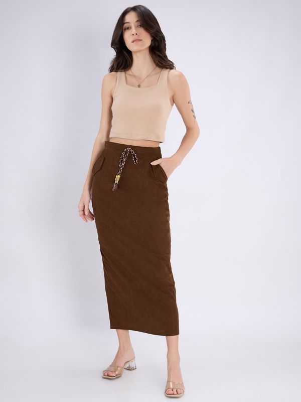 Globus Women Brown Self Design Mid-Rise Tassel Drawstring Waist Back Slit Midi Straight Skirt