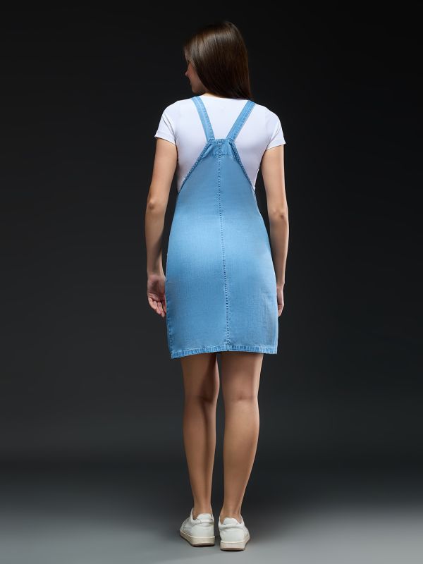 Globus Women Light Blue Square Neck Shoulder Straps Solid Pocket Detail Mini Pinafore Denim Dungaree Dress