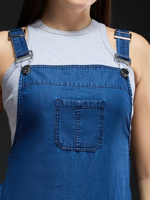 Globus Women Dark Blue Square Neck Shoulder Straps Solid Pocket Detail Mini Pinafore Denim Dungaree Dress
