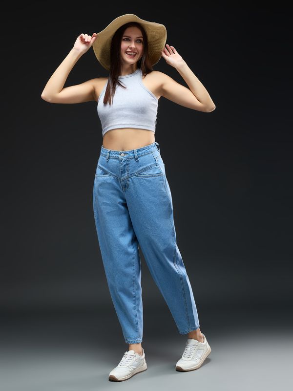 Globus Women Light Blue Solid Light Fade Light Shade Mid-Rise Barrel Fit Jeans