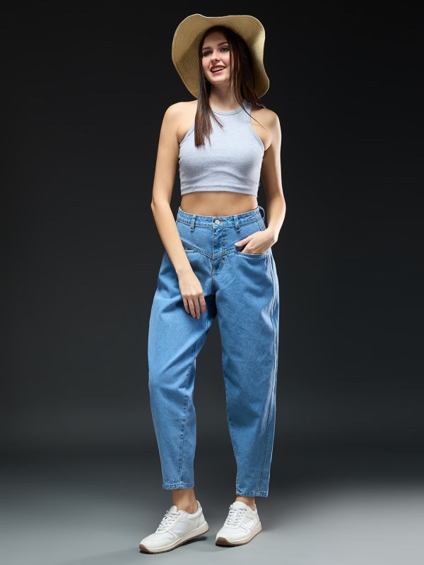 Globus Women Light Blue Solid Light Fade Light Shade Mid-Rise Barrel Fit Jeans