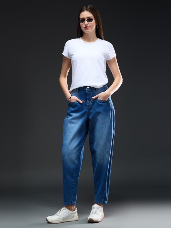 Globus Women Dark Blue Solid Light Fade Medium Shade Mid-Rise Barrel Fit Jeans