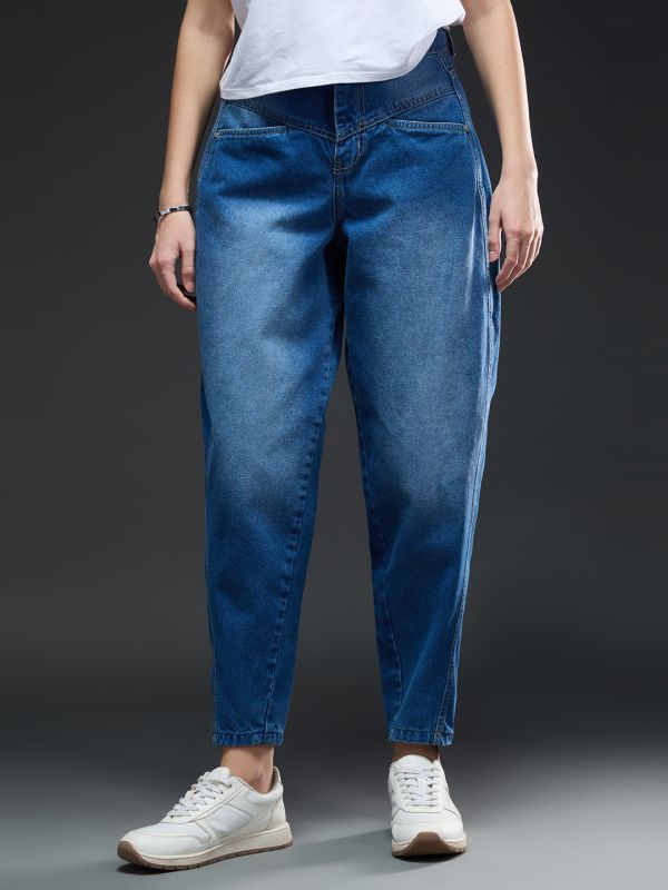 Globus Women Dark Blue Solid Light Fade Medium Shade Mid-Rise Barrel Fit Jeans