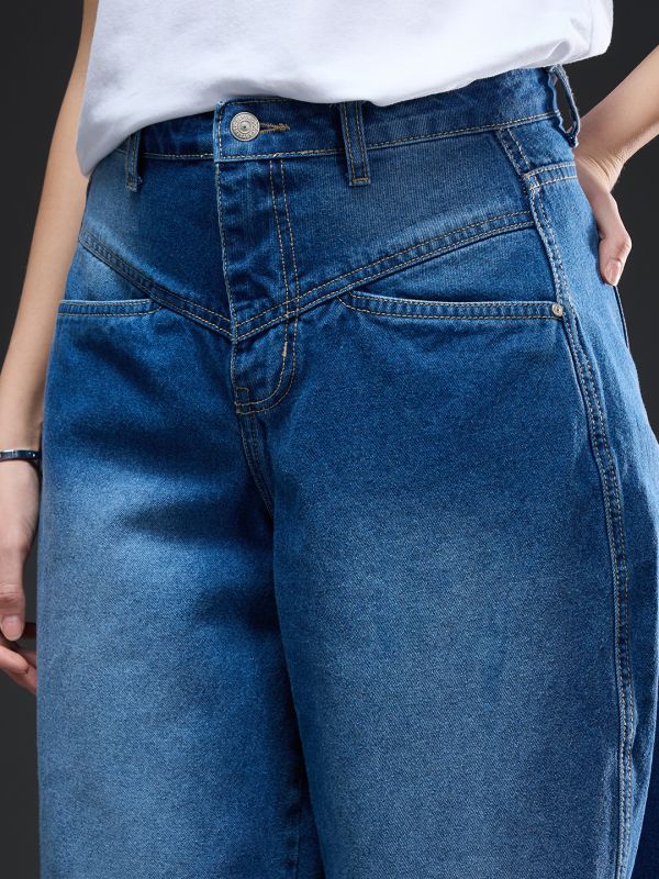 Globus Women Dark Blue Solid Light Fade Medium Shade Mid-Rise Barrel Fit Jeans