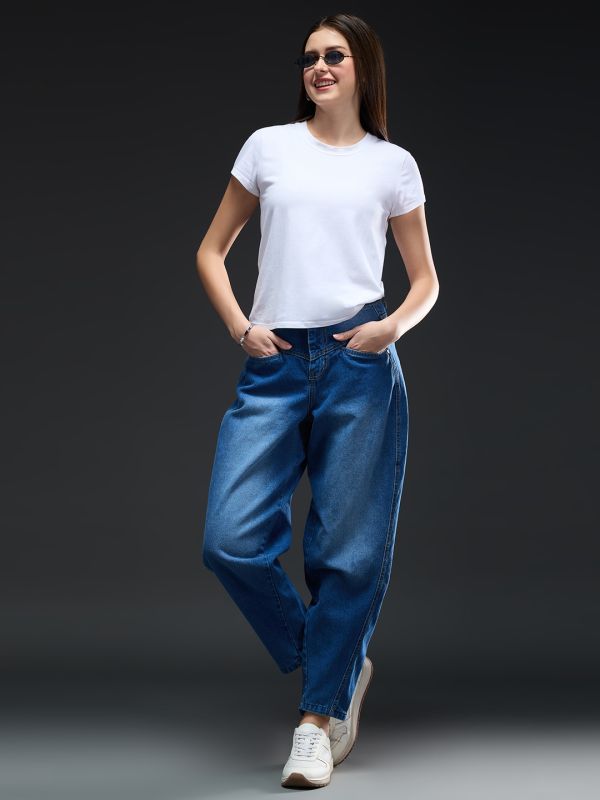 Globus Women Dark Blue Solid Light Fade Medium Shade Mid-Rise Barrel Fit Jeans