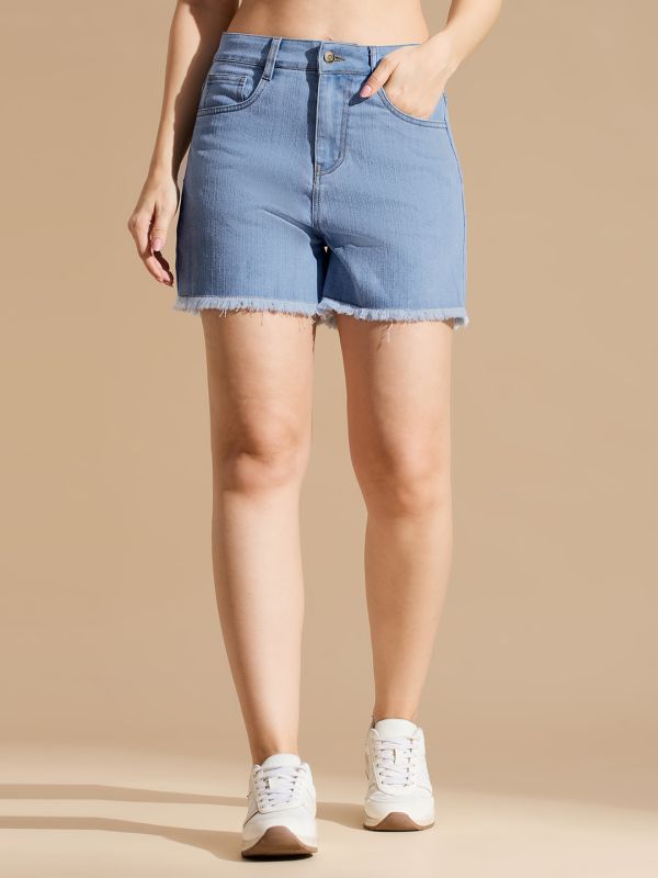 Globus Women Light Blue Mid Rise Slim Fit Frayed Hem Denim Shorts