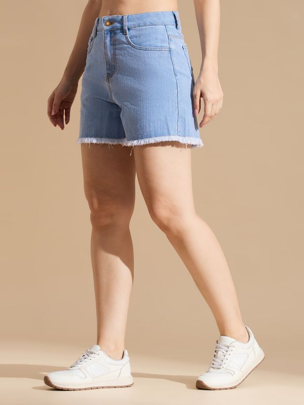 Globus Women Light Blue Mid Rise Slim Fit Frayed Hem Denim Shorts