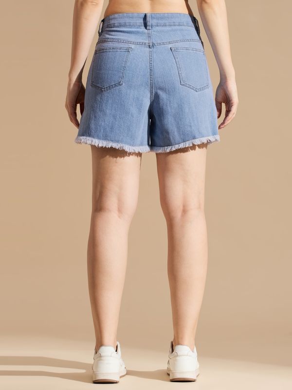 Globus Women Light Blue Mid Rise Slim Fit Frayed Hem Denim Shorts