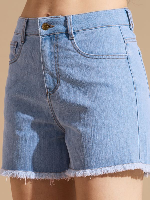 Globus Women Light Blue Mid Rise Slim Fit Frayed Hem Denim Shorts