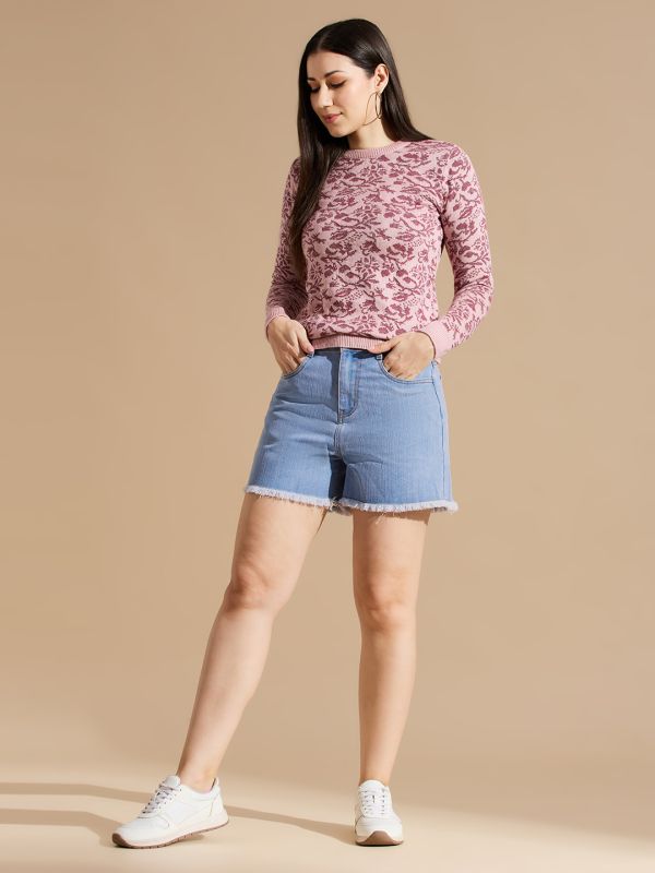 Globus Women Light Blue Mid Rise Slim Fit Frayed Hem Denim Shorts