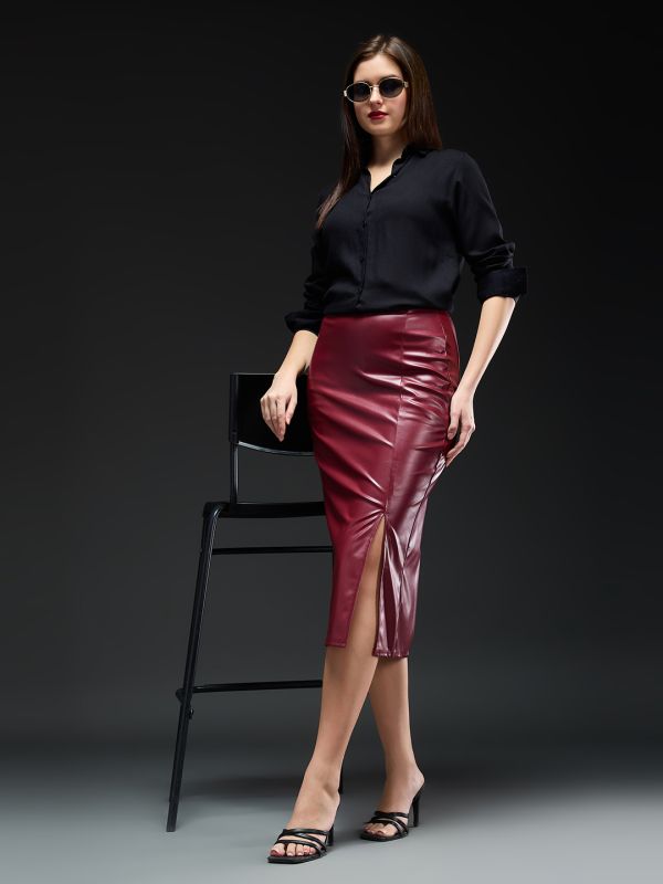 Globus Women Burgundy Solid Synthetic Leather High-rise Front Slit Midi Pencil Party Skirt