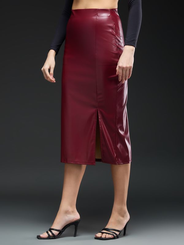 Globus Women Burgundy Solid Synthetic Leather High-rise Front Slit Midi Pencil Party Skirt